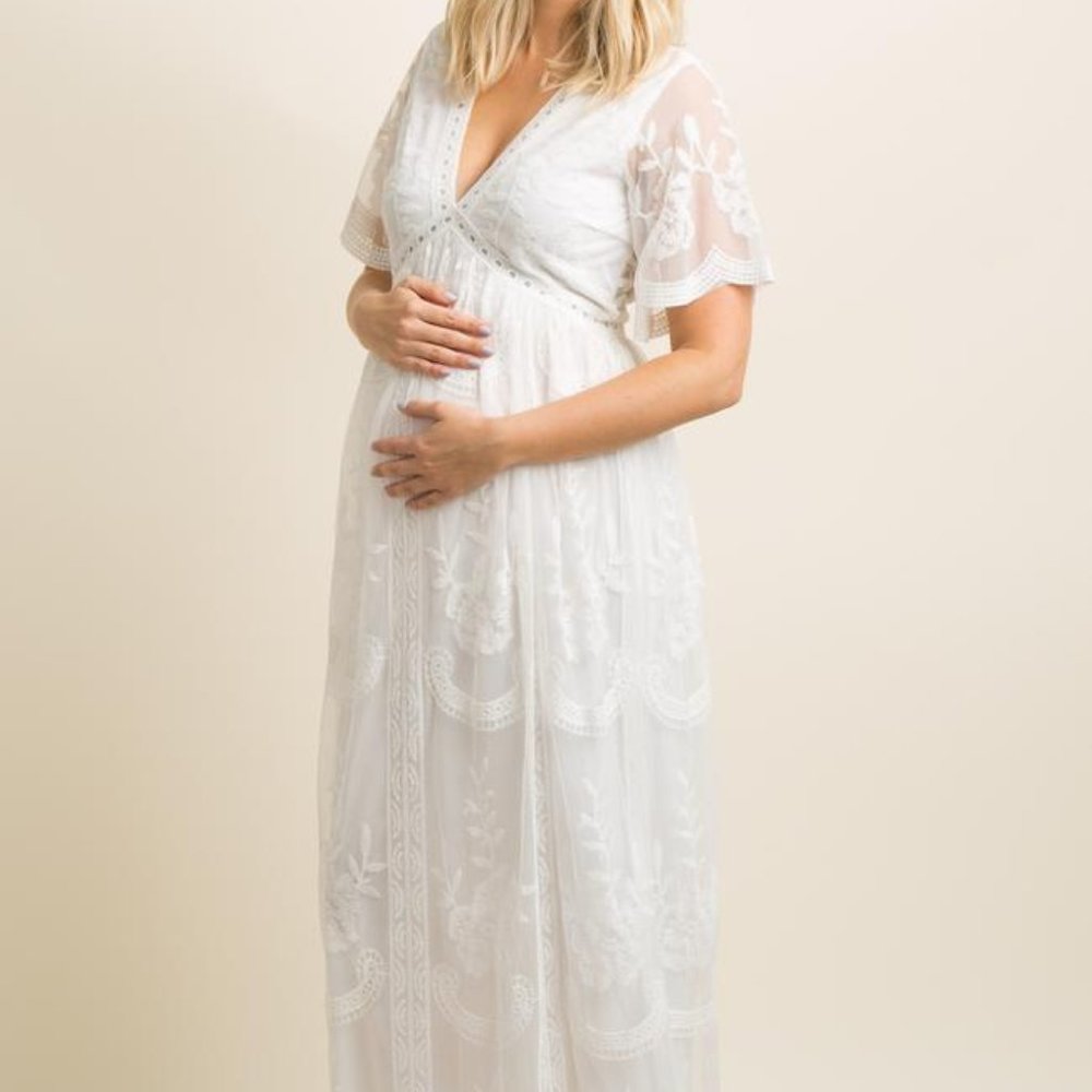 PinkBlush Maternity White Lace Maxi Dress